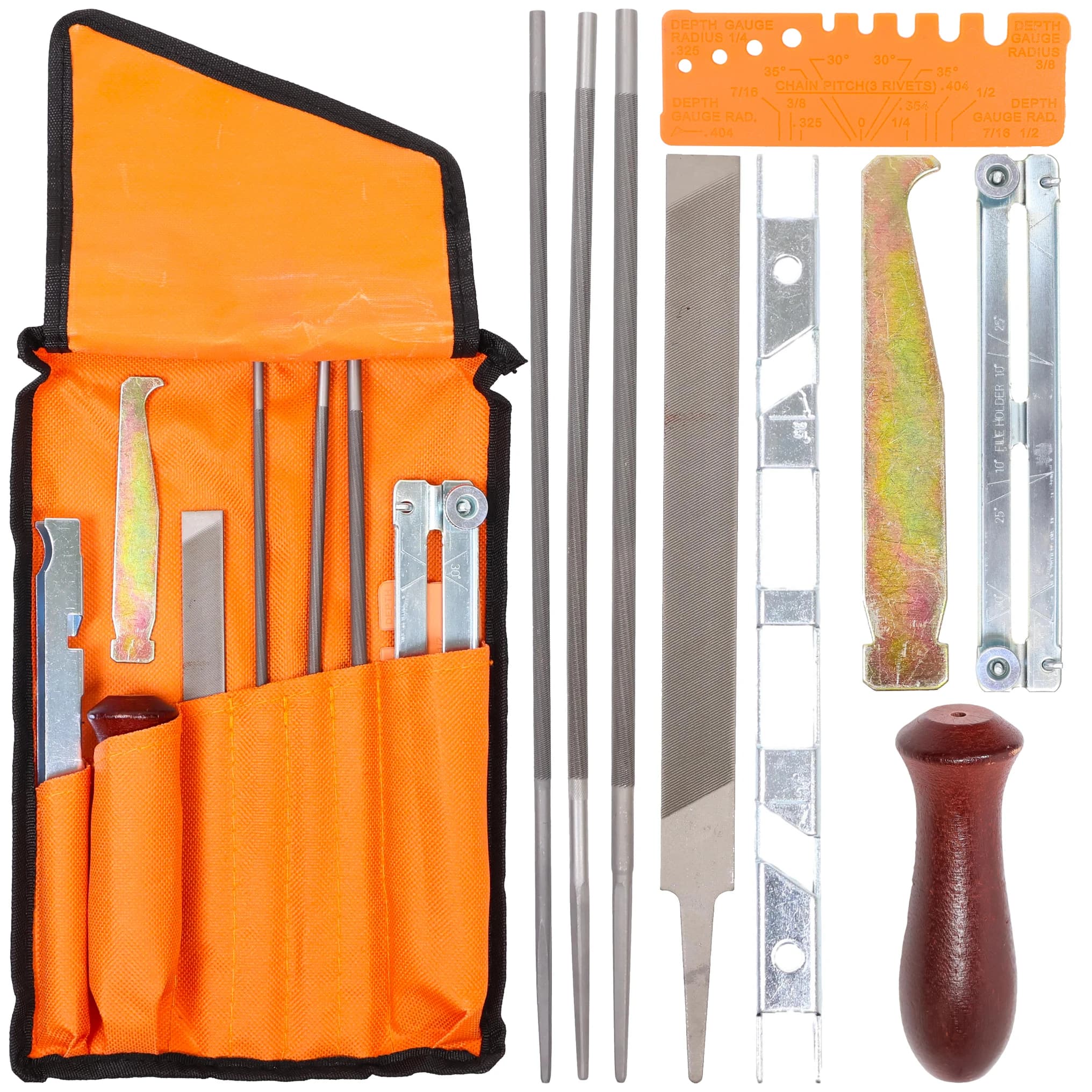 Jeu d'affûtage pour chaines de tronçonneuse avec pochette 10 pièces limes rondes et plates